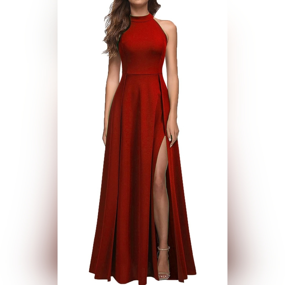 Mushare | Red Halter Neck Slit Gown